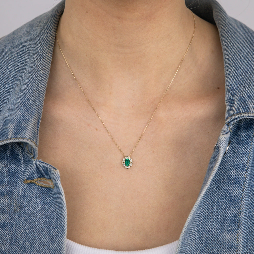 0.40 Carat Created Emerald Oval and Diamond Pendant in 9ct Yellow Gold