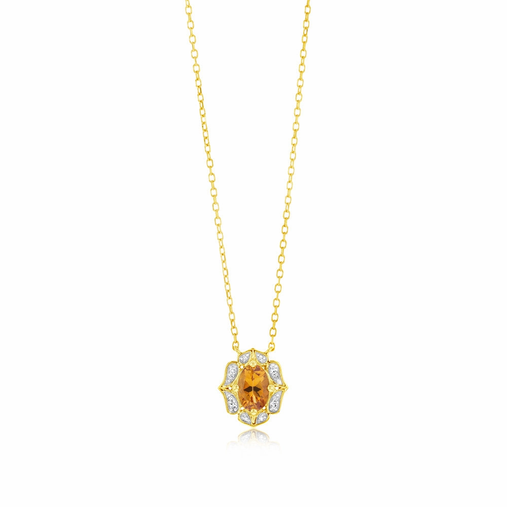 0.44 Carat Created Citrine Oval and Diamond Pendant in 9ct Yellow Gold