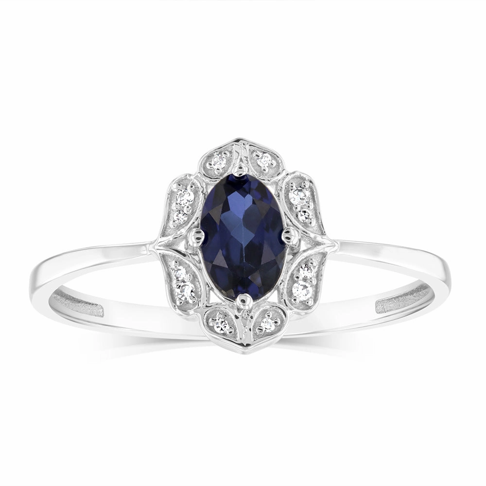 0.50 Carat Created Blue Sapphire Oval and Diamond Ring in 9ct White Gold