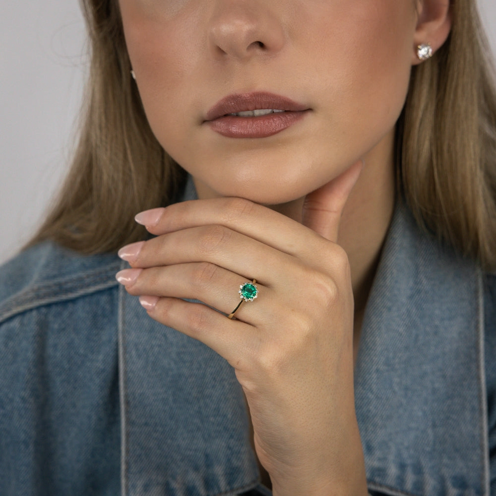 0.87 Carat Created Emerald and Diamond Ring in 9ct Yellow Gold
