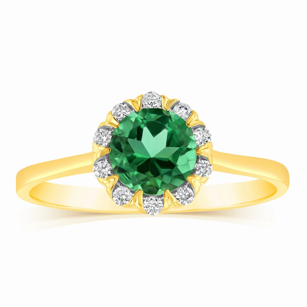 0.87 Carat Created Emerald and Diamond Ring in 9ct Yellow Gold