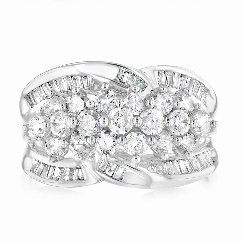 10ct White Gold 1.4 Carat Diamond Ring with Round Brilliant and Tapered Baguette Diamonds