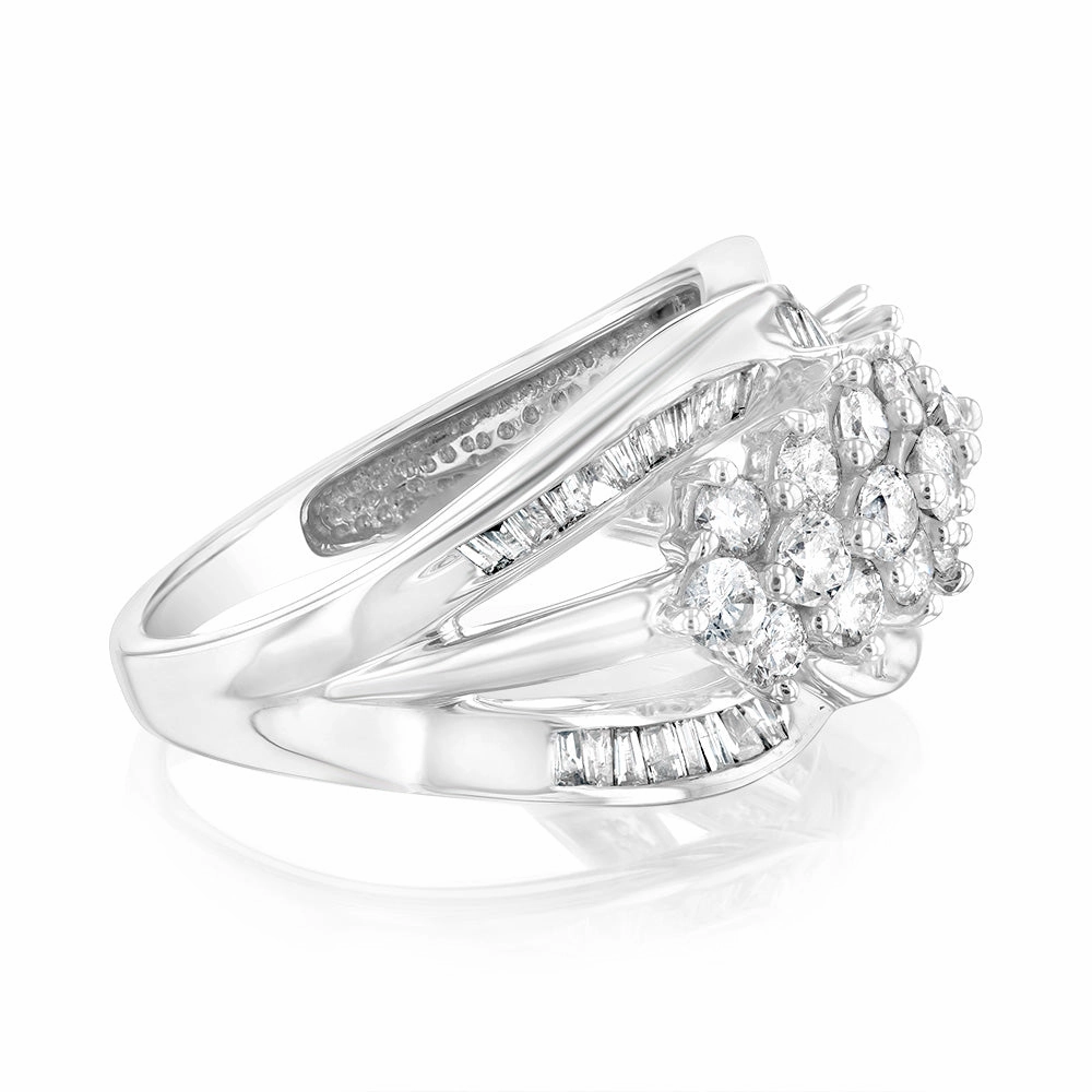 10ct White Gold 1.4 Carat Diamond Ring with Round Brilliant and Tapered Baguette Diamonds