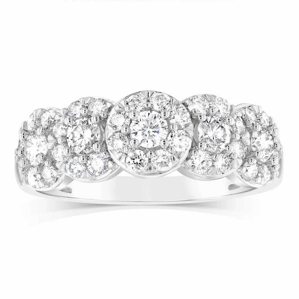 14ct White Gold 0.95 Carat Diamond Ring with 5 Round Brilliant Cut Diamonds Surrounded by Diamond Halos
