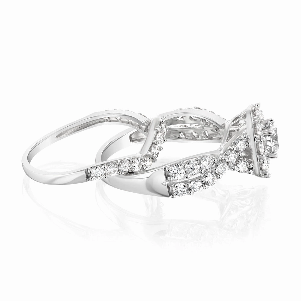 14ct White Gold 1.95 Carat Diamond Halo Bridal 2 Ring set with Brilliant Cut Diamonds