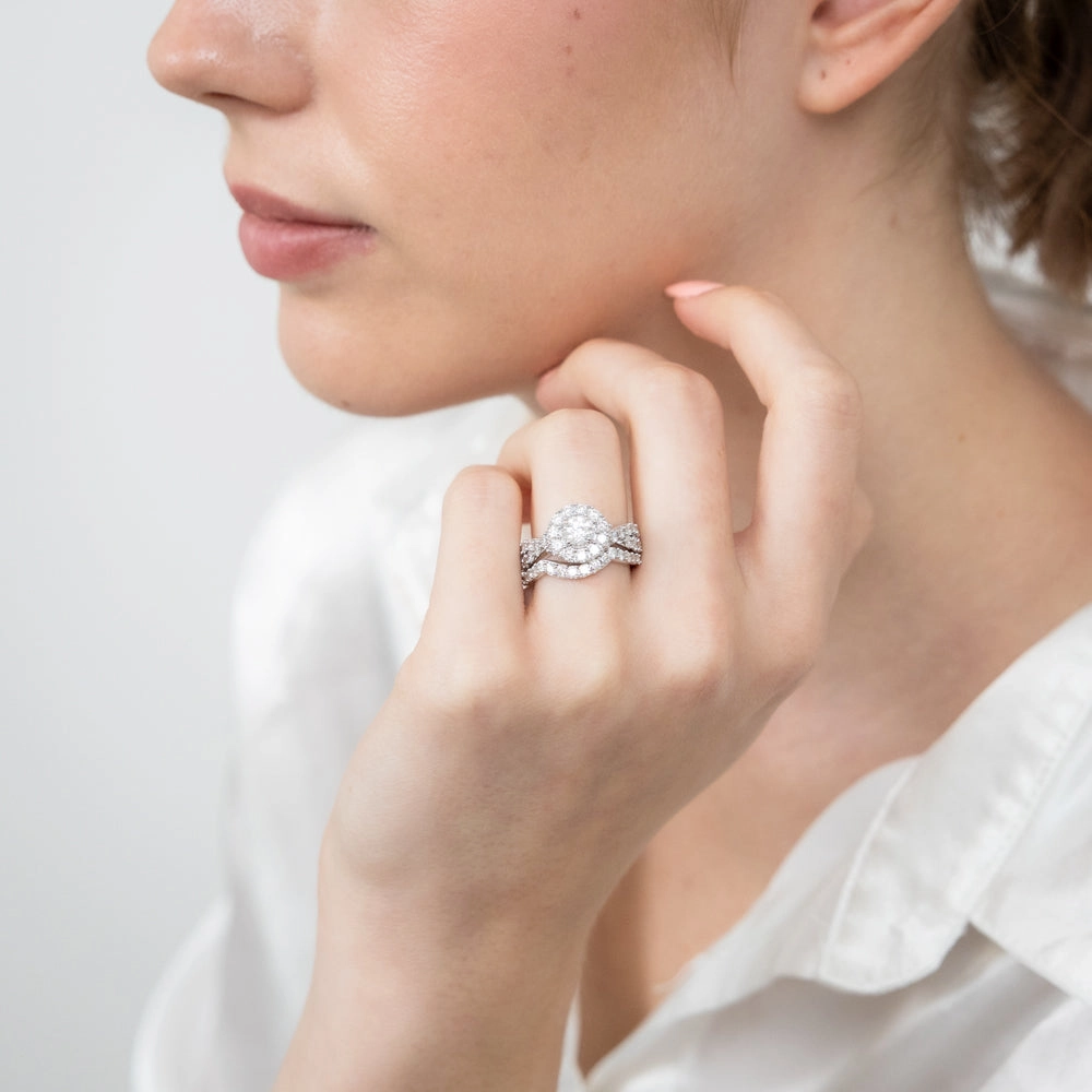 14ct White Gold 1.95 Carat Diamond Halo Bridal 2 Ring set with Brilliant Cut Diamonds