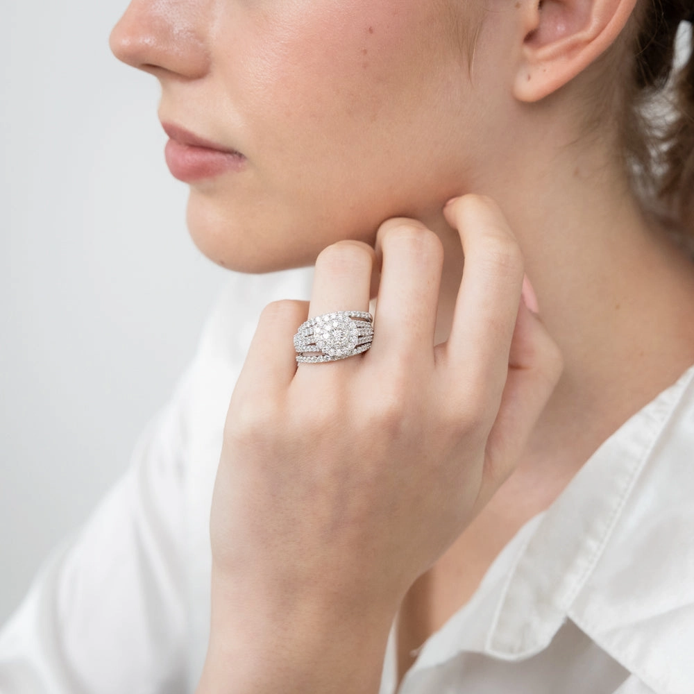 14ct White Gold 1.95 Carat Diamond Halo Bridal 3 Ring set with Brilliant Cut Diamonds