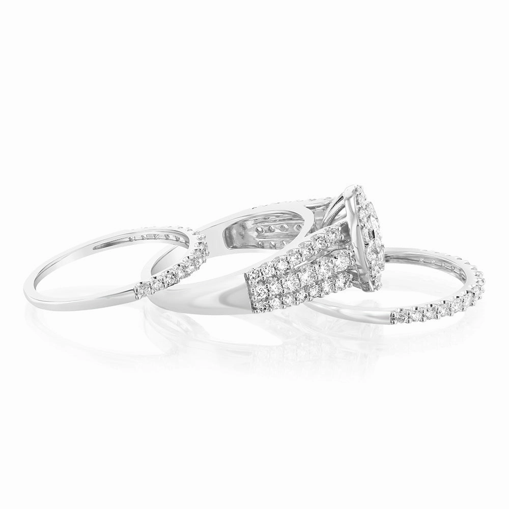 14ct White Gold 1.95 Carat Diamond Halo Bridal 3 Ring set with Brilliant Cut Diamonds
