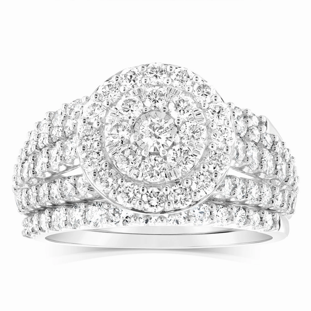 14ct White Gold 1.95 Carat Diamond Halo Bridal 3 Ring set with Brilliant Cut Diamonds