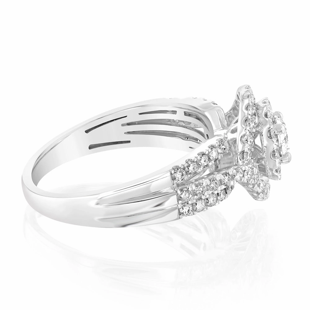 14ct White Gold 1 Carat Brilliant Cut Diamond Solitaire Ring with Double Diamond Halo
