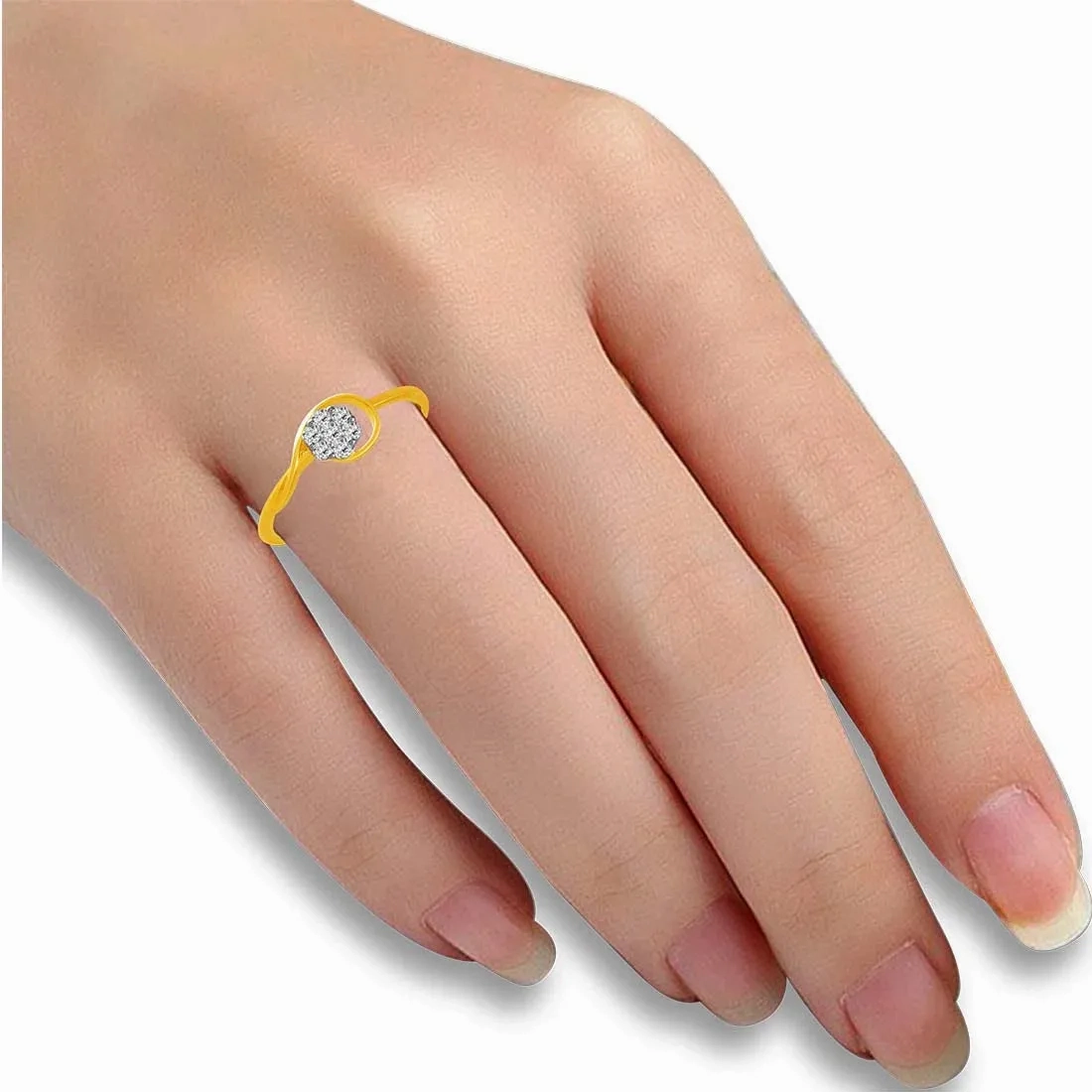 14K Gold Ring Featuring A Curved Design And A Diamond Studded Circular Cluster Set On The Band