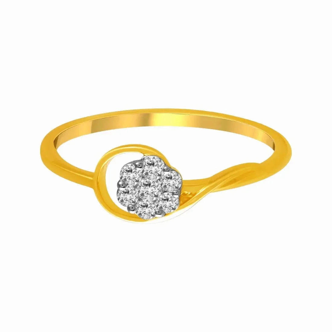 14K Gold Ring Featuring A Curved Design And A Diamond Studded Circular Cluster Set On The Band