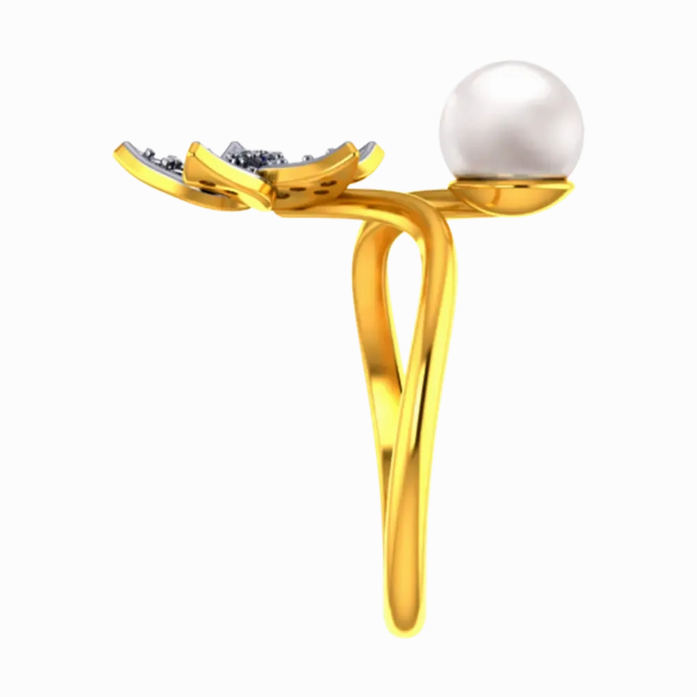 14k Gold Ring With A Pearl And Floral Design Adorned With Stones