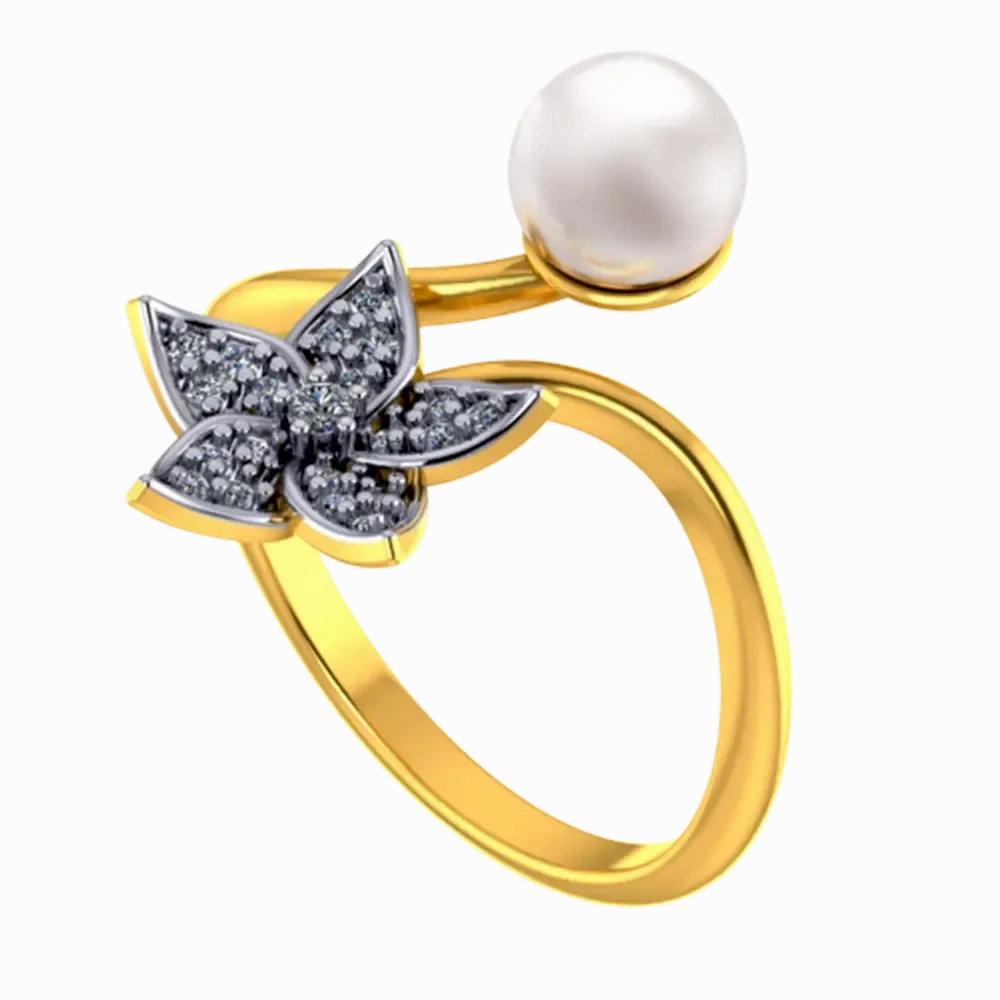 14k Gold Ring With A Pearl And Floral Design Adorned With Stones