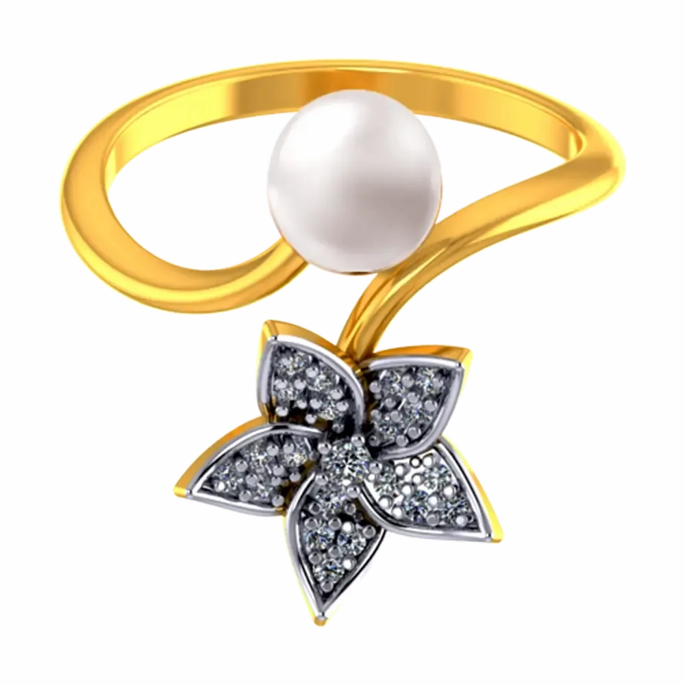 14k Gold Ring With A Pearl And Floral Design Adorned With Stones