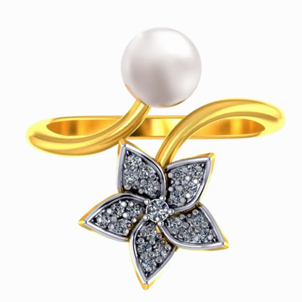 14k Gold Ring With A Pearl And Floral Design Adorned With Stones