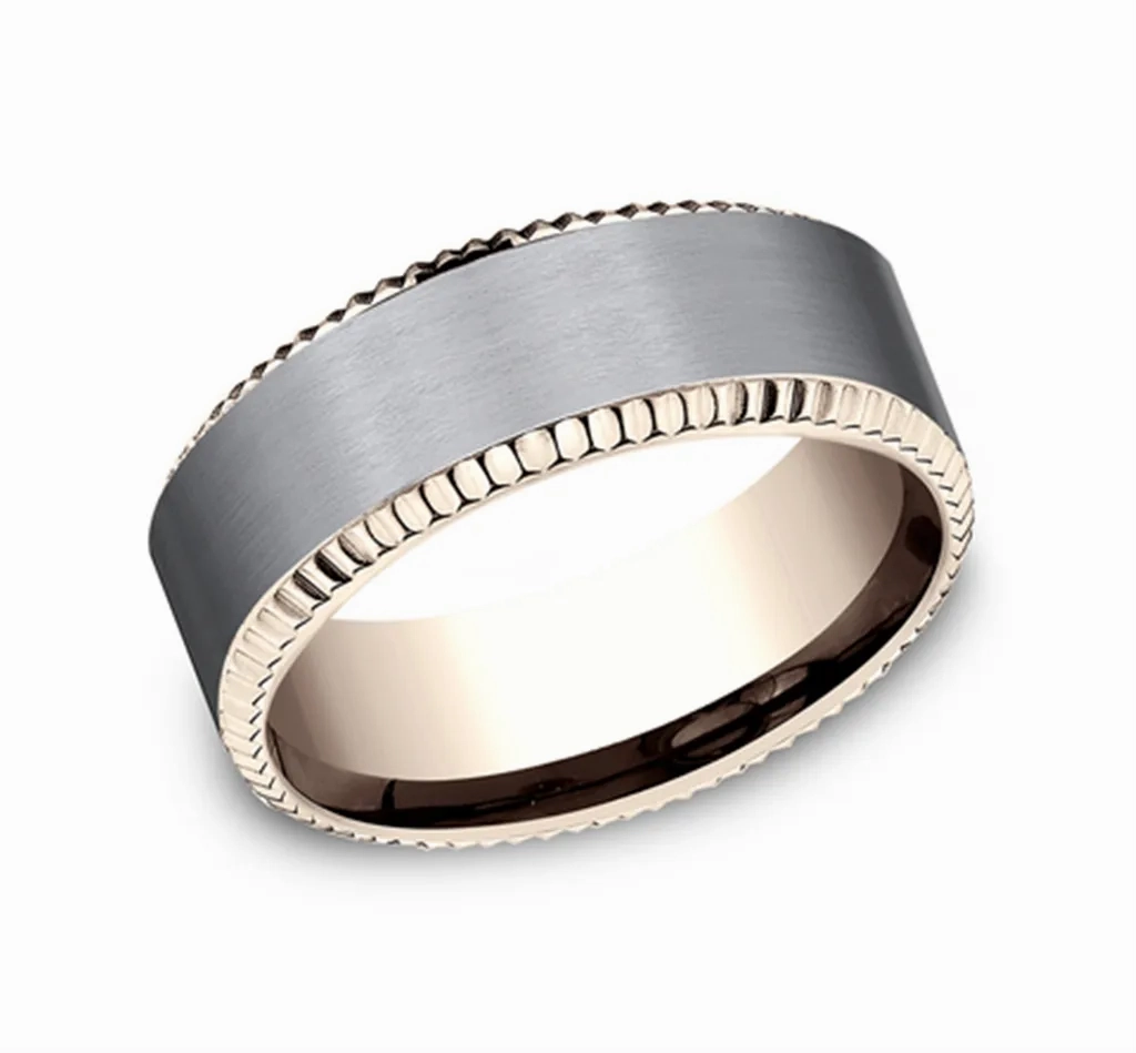 14k Rose Gold Coin Edge And Grey Tantalum Satin Finish Center 8mm Wedding Band
