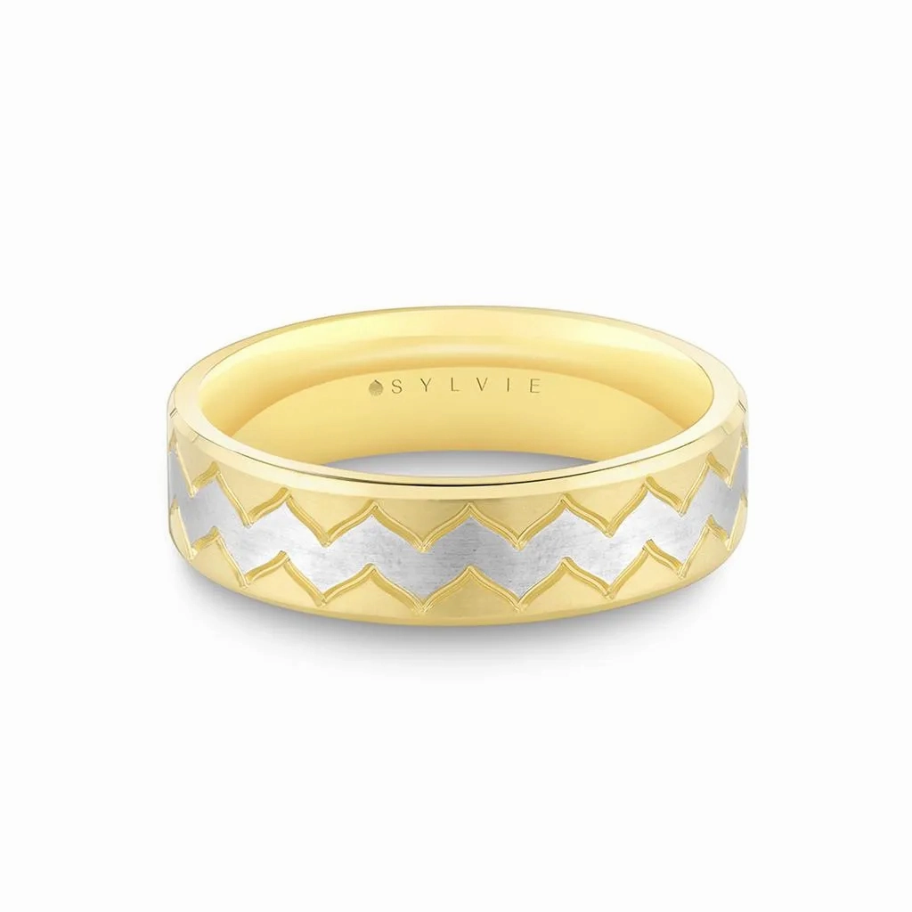 14K White And Yellow Gold Zig Zag Pattern Wedding Band