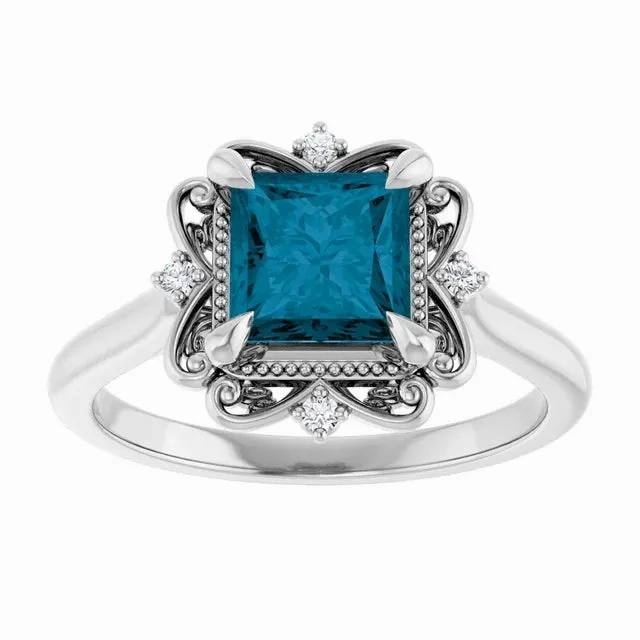 14K White Gold 6 mm Square Floral Engagement Ring with Blue Tourmaline
