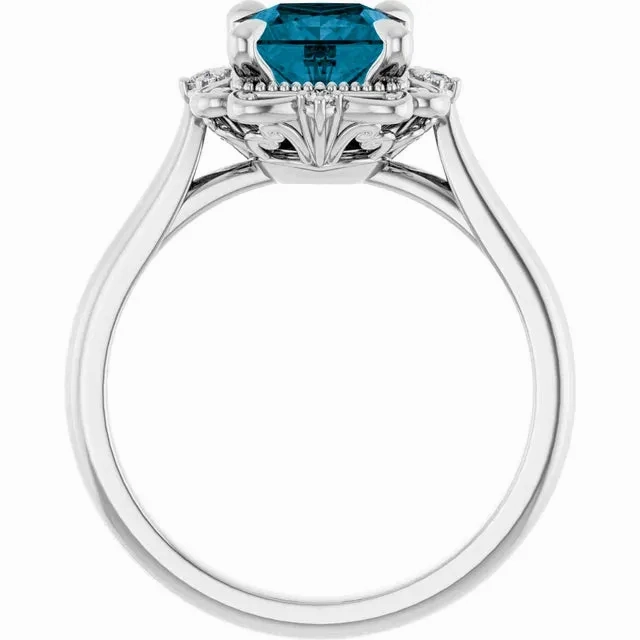 14K White Gold 6 mm Square Floral Engagement Ring with Blue Tourmaline