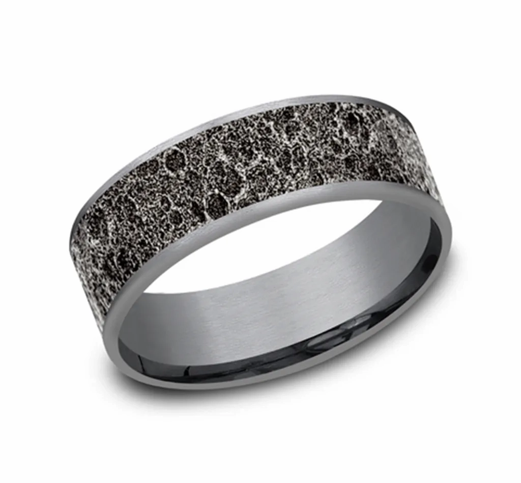 14K White Gold And Dark Grey Tantalum Moon Rock Finish Center 7.5mm Wedding Band