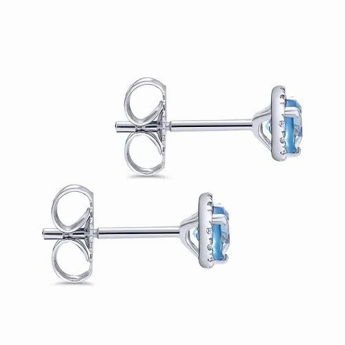 14K White Gold Diamond Halo Swiss Blue Topaz Stud Earrings