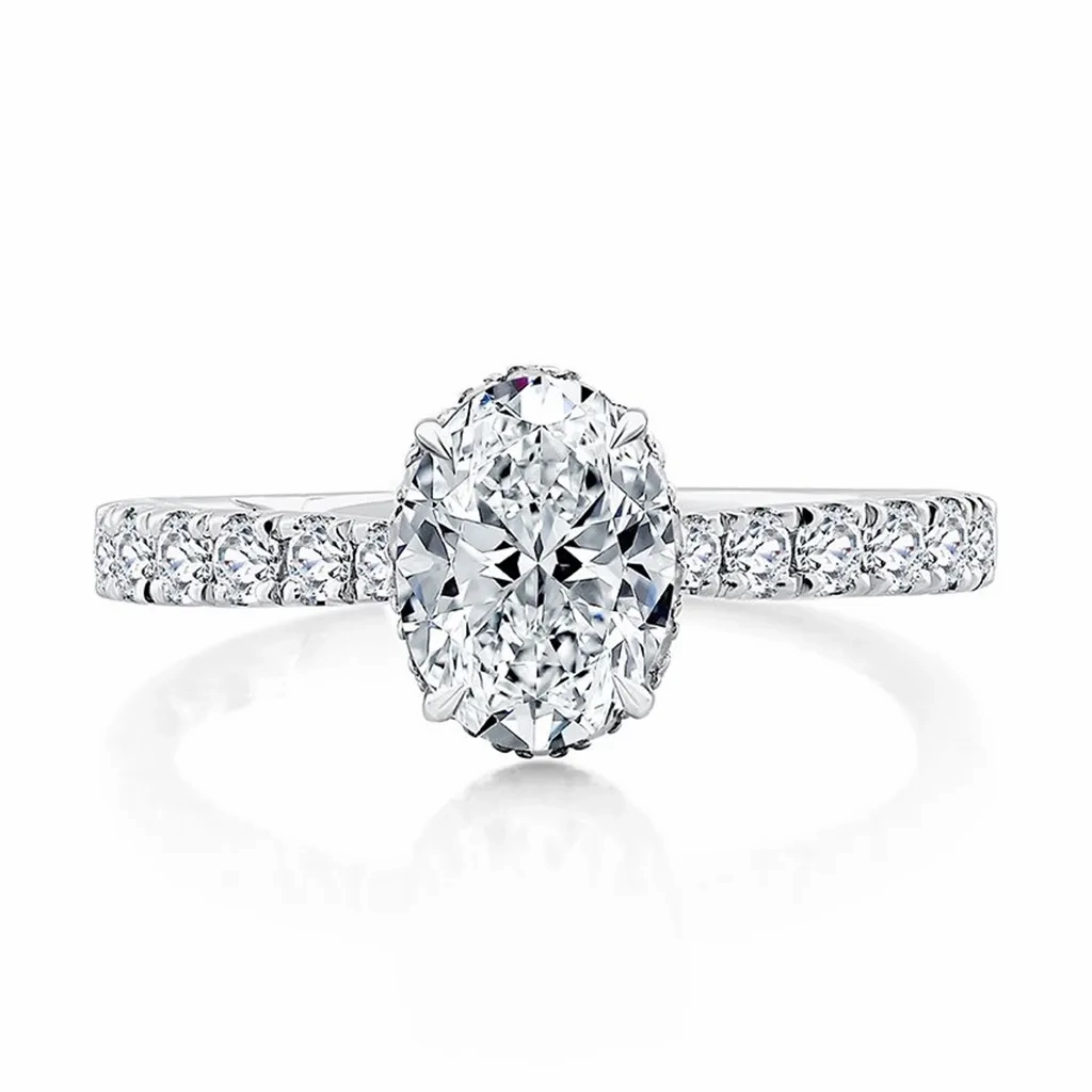 14K White Gold Hidden Halo Oval Natural Diamonds Engagement Ring