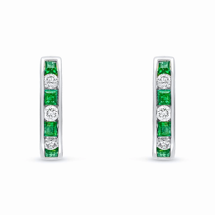 18ct white gold 4 square Emerald and 3 brilliant cut diamond channel set hoop earrings