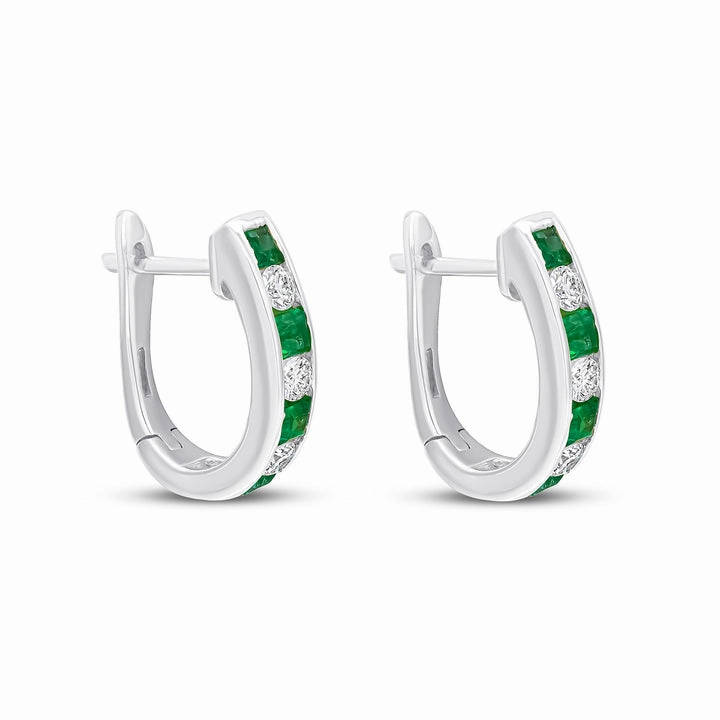 18ct white gold 4 square Emerald and 3 brilliant cut diamond channel set hoop earrings