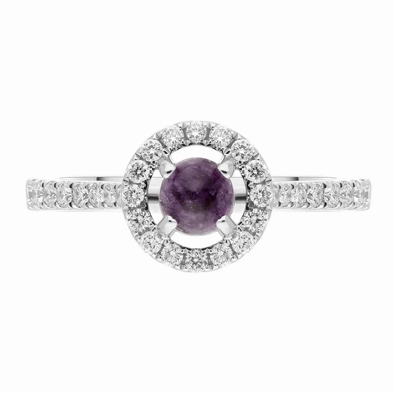 18ct White Gold Blue John Diamond Round Halo Ring