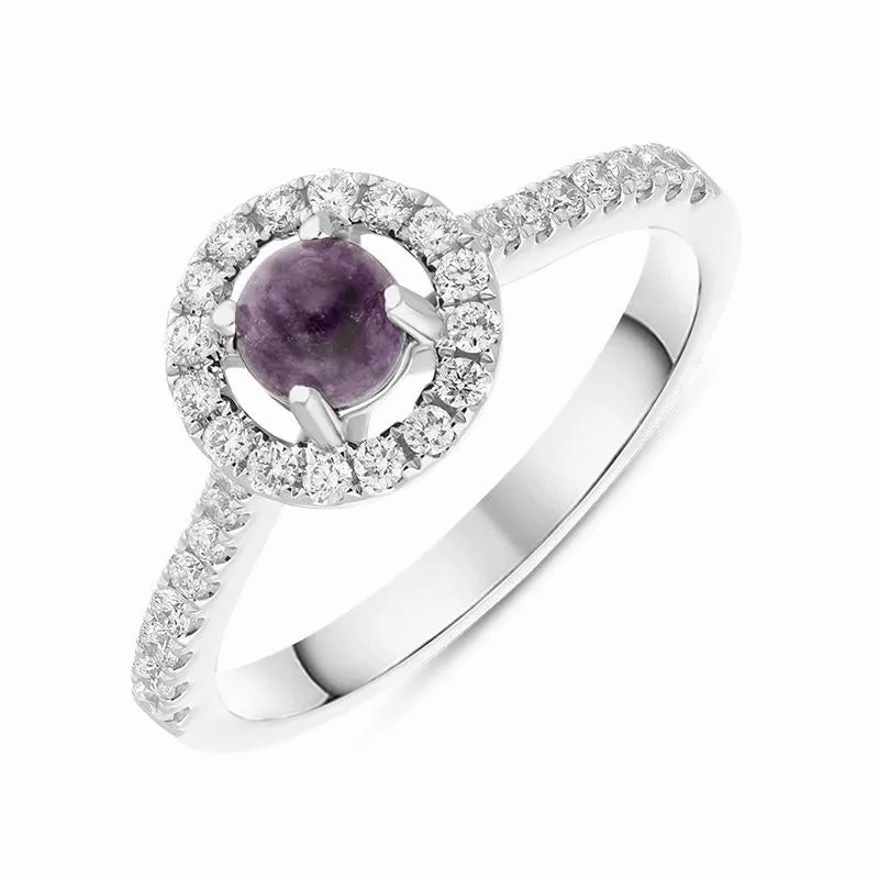 18ct White Gold Blue John Diamond Round Halo Ring