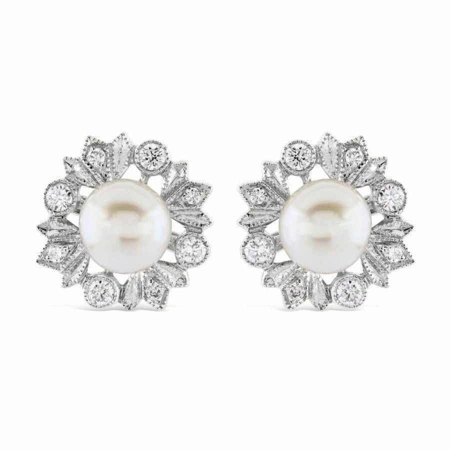 18ct White Gold Cultured Pearl & Diamond Round Stud Earrings