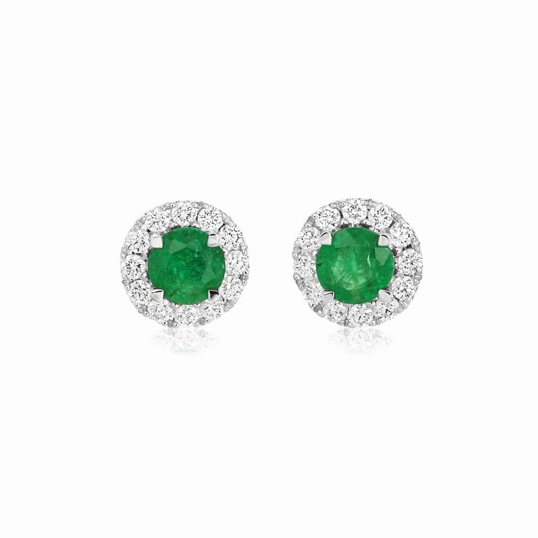 18ct white gold emerald and diamond claw set round cluster stud earrings