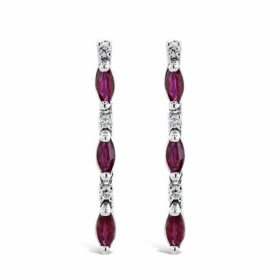 18ct White Gold Marquise Cut Ruby & Diamond Line Drop Earrings
