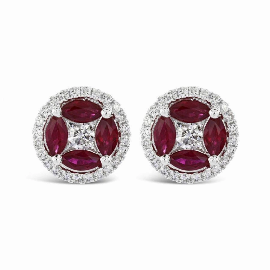18ct White Gold Marquise Cut Ruby & Diamond Stud Earrings