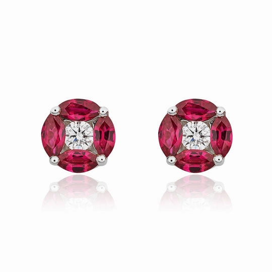 18ct White Gold Marquise Ruby & Diamond Round Cluster Earrings