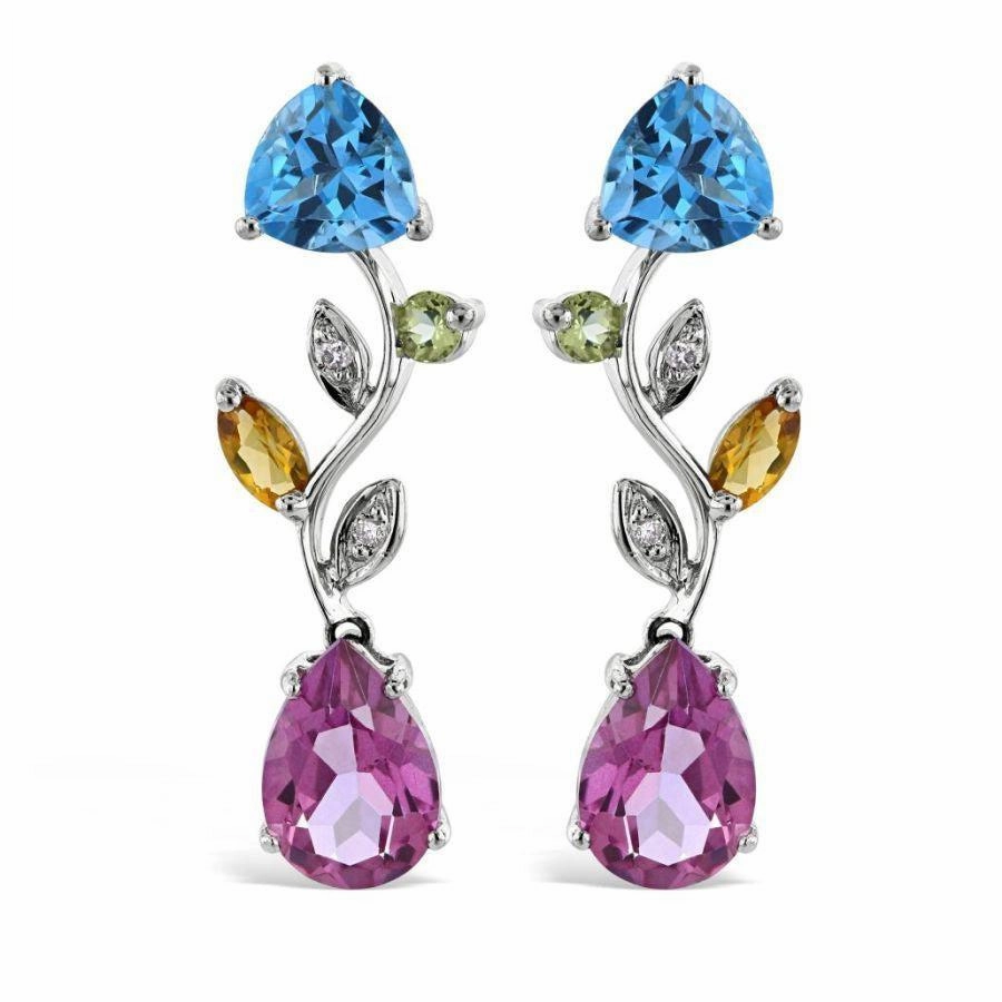 18ct White Gold Multi-Gemstone & Diamond Set Drop Earrings