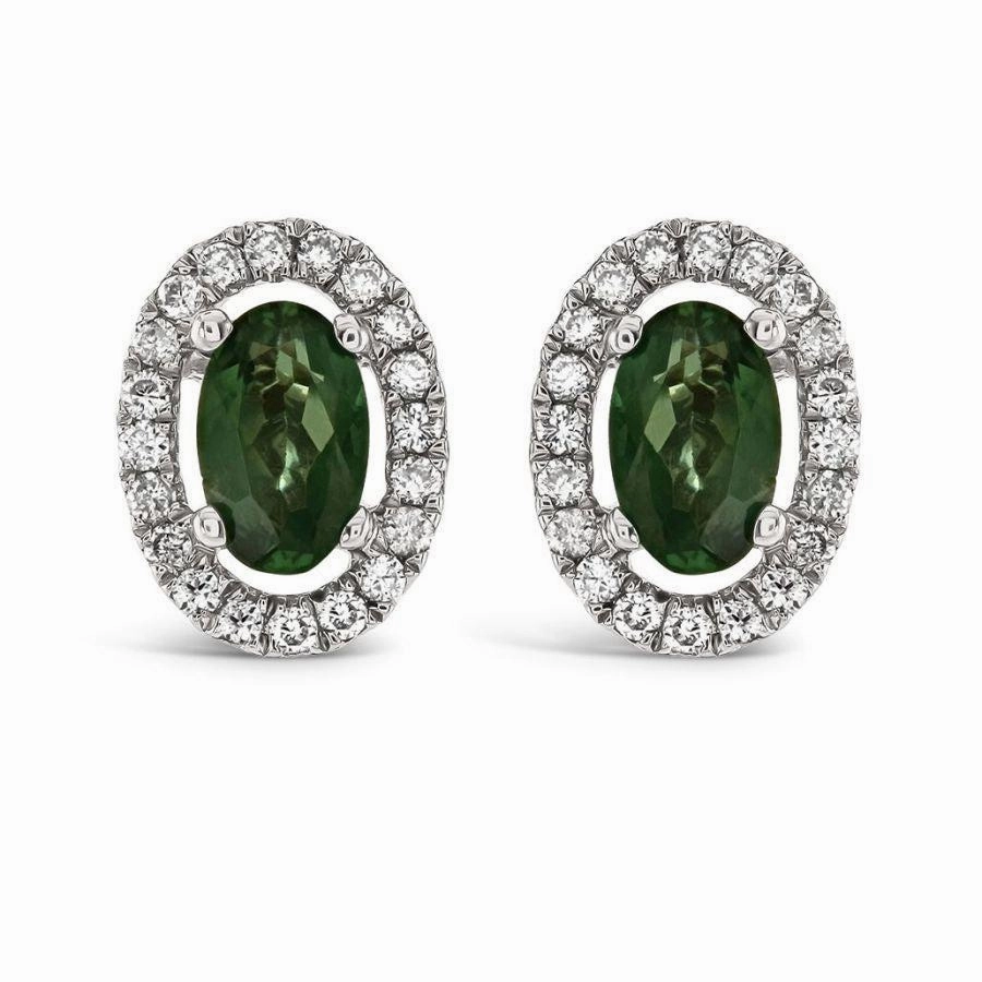 18ct White Gold Oval Cut Alexandrite & Diamond Halo Cluster Stud Earrings