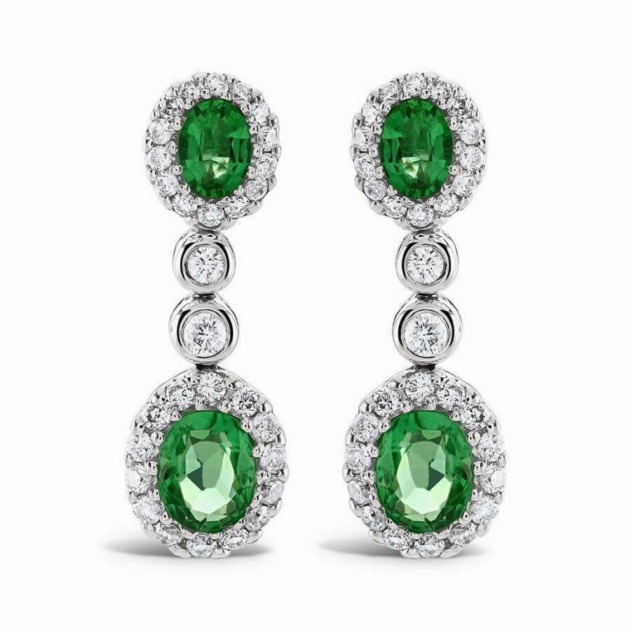 18ct White Gold Oval Cut Emerald & Diamond Cluster Drop Earrings