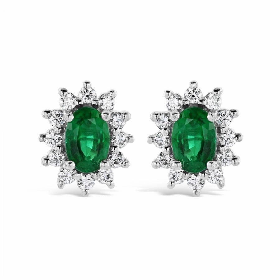 18ct White Gold Oval Cut Emerald & Diamond Cluster Stud Earrings