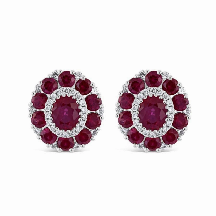 18ct White Gold Oval Cut Ruby & Diamond Cluster Stud Earrings