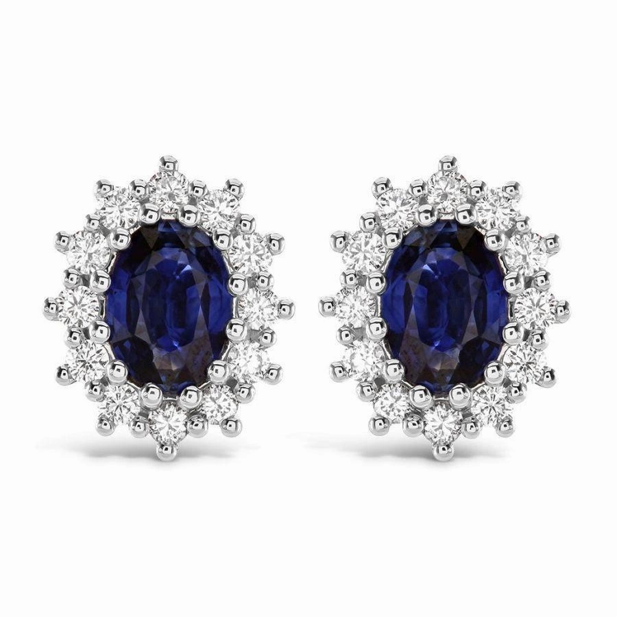 18ct White Gold Oval Cut Sapphire & Diamond Cluster Stud Earrings
