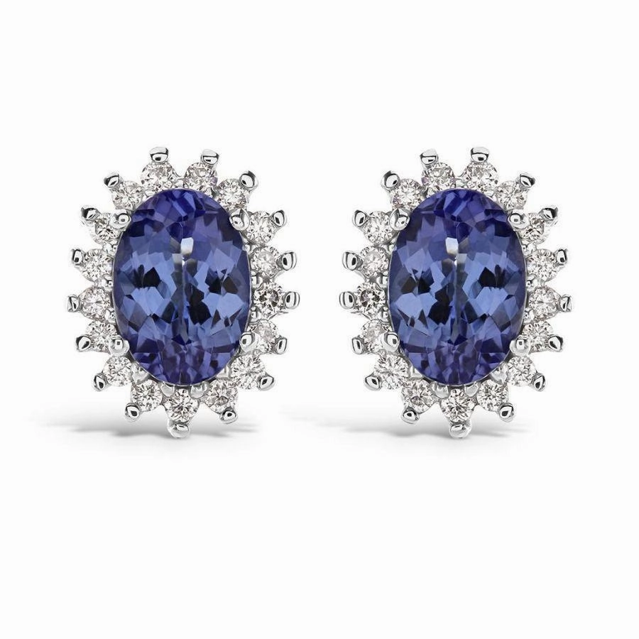 18ct White Gold Oval Cut Tanzanite & Diamond Cluster Stud Earrings