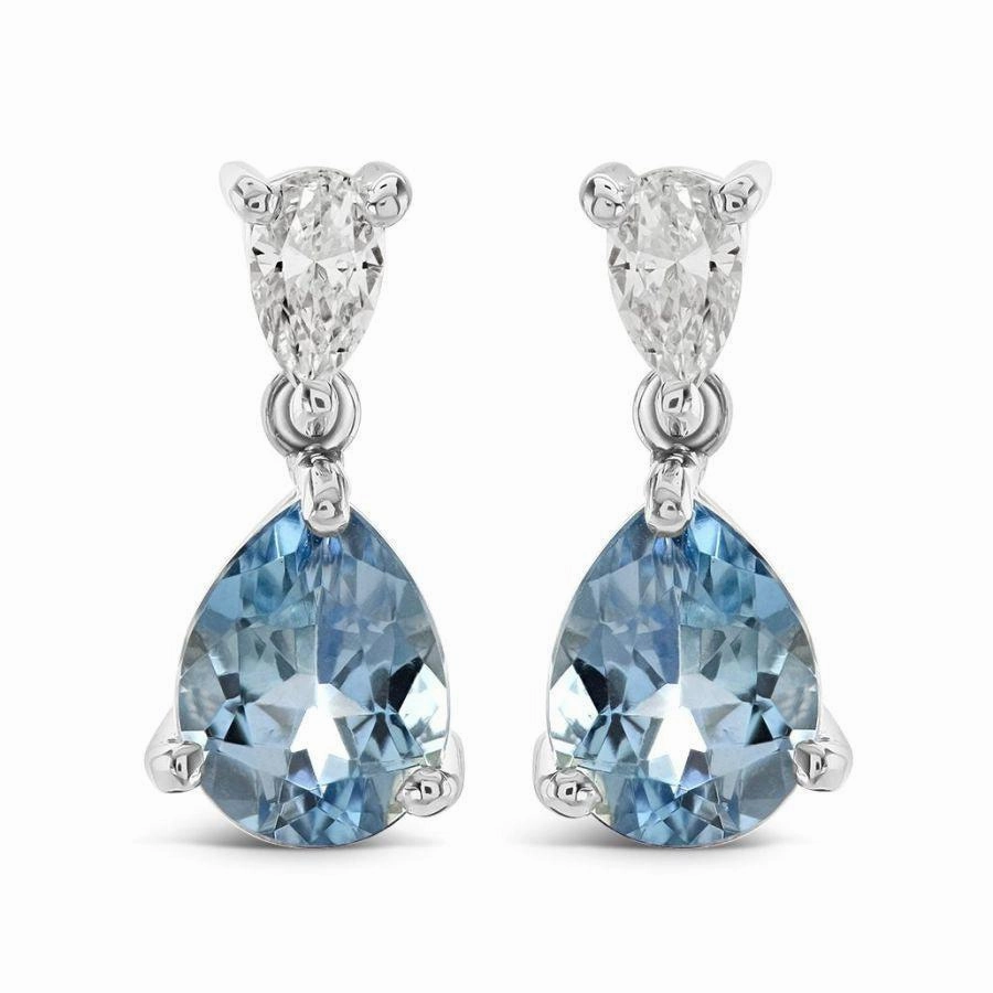 18ct White Gold Pear Cut Aquamarine & Diamond Drop Earrings