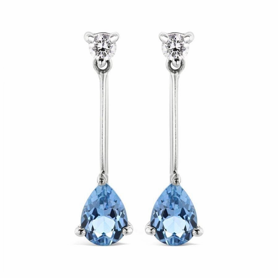 18ct White Gold Pear Cut Aquamarine & Diamond Long Drop Earrings