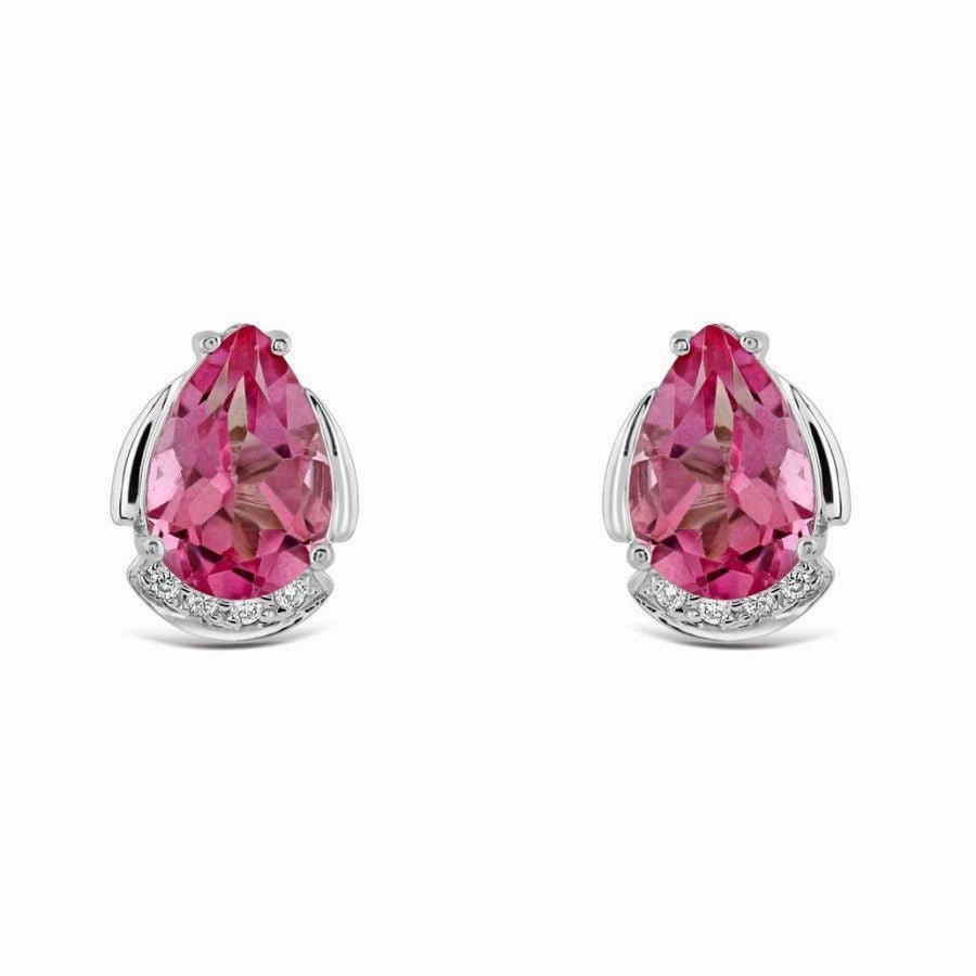 18ct White Gold Pear Cut Pink Topaz & Diamond Stud Earrings
