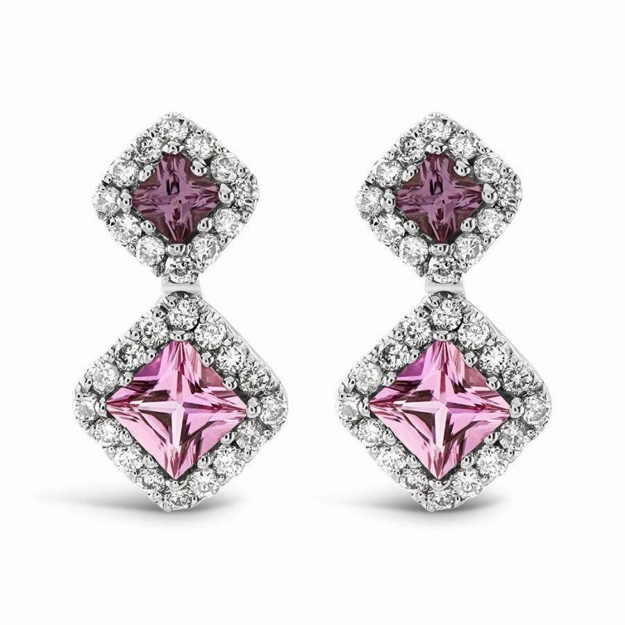 18ct White Gold Pink Sapphire & Diamond Cluster Drop Earrings