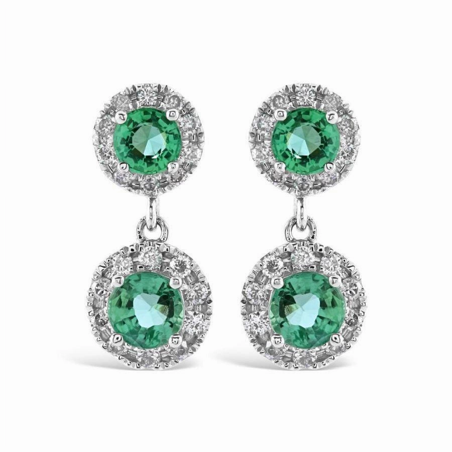 18ct White Gold Round Cut Emerald & Diamond Cluster Drop Earrings