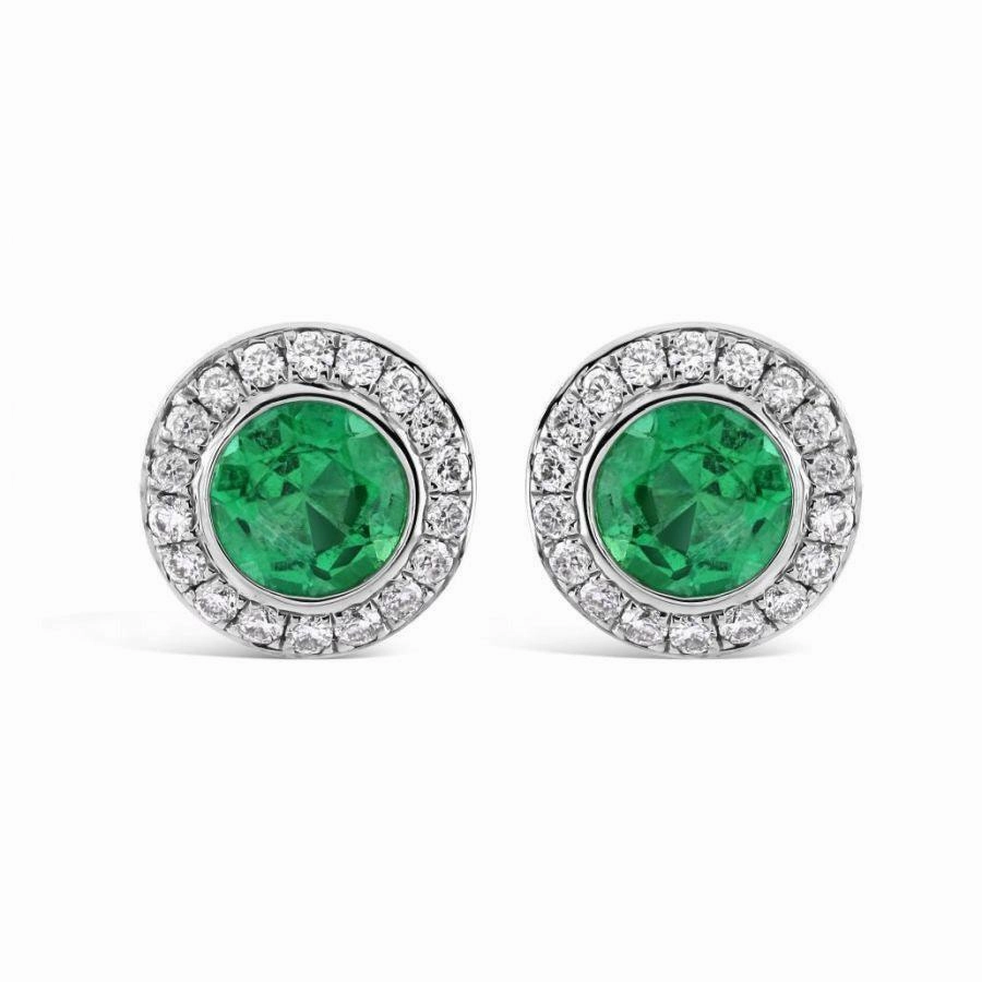 18ct White Gold Round Cut Emerald & Diamond Halo Cluster Stud Earrings