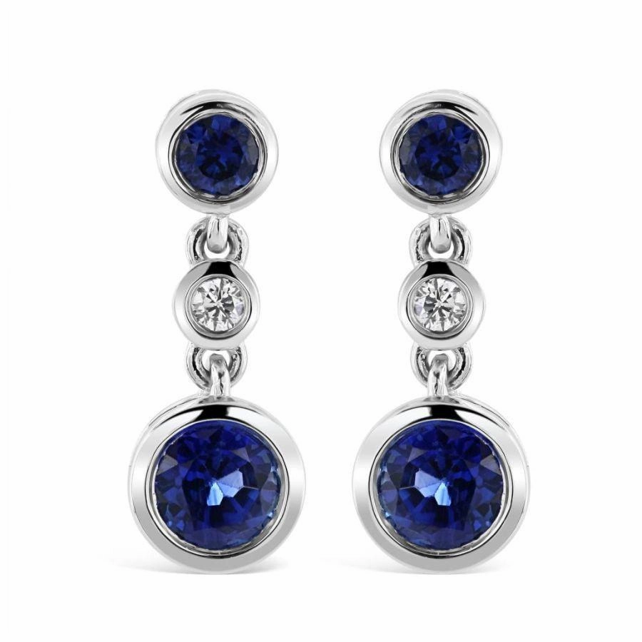 18ct White Gold Rubover Set Sapphire & Diamond Drop Earrings